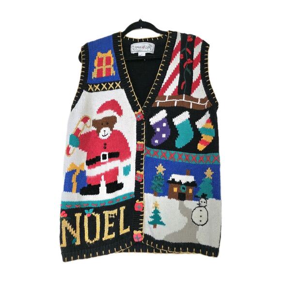 American Vintage Sweaters - Vintage Ugly Christmas Sweater Vest Womens L Cabin Bear Candy Cane Artsy Fits XL
